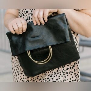 Black Leather Clutch with Gold Accents